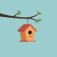 Wooden birdhouse hanging from a branch with green leaves in a flat design style art vector