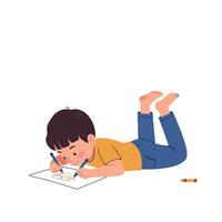 Young boy lying on his stomach coloring with crayons in a playful flat illustration featuring creativity and focus in a cheerful setting vector