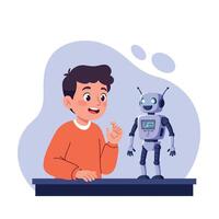 A young boy interacting with a friendly robot toy in a playful setting featuring flat design elements in cheerful colors, illustration vector