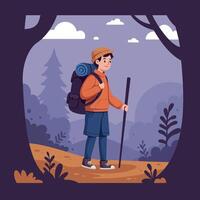 A young hiker in a vibrant orange sweater and backpack exploring a serene forest path in flat art vector