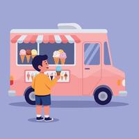 A cheerful boy enjoying ice cream while standing near a pastel pink ice cream truck in a flat illustration vector