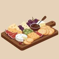 A beautifully arranged cheese platter with assorted fruits and crackers in a flat design art vector