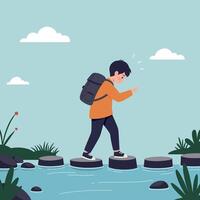 A young boy carefully crossing stepping stones over a tranquil stream in a minimal flat design illustration vector