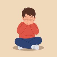 Young boy sitting cross-legged with hands covering his face in a minimal and playful style illustration vector