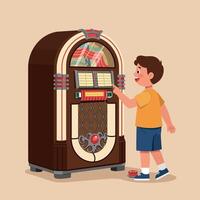 A joyful boy interacting with a vintage jukebox in a nostalgic setting, showcasing flat design and vibrant colors in illustration vector