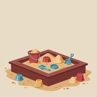 Sandbox filled with colorful toys and buckets in a playful, minimal illustration vector