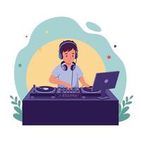 Young boy enjoying music while DJing at a colorful setup with headphones in a flat illustration vector
