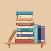 Stack of Colorful Books on Wooden Shelf in Flat Style Illustration vector