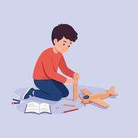 A young boy assembling a wooden airplane model using tools in a playful and educational flat illustration vector