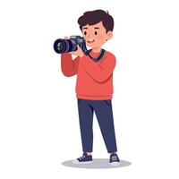 A cheerful young boy holding a camera while enthusiastically smiling, in a flat design style, showcasing a passion for photography, art vector