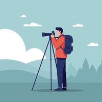 A photographer in a red jacket capturing nature scenes with a camera on a tripod in a minimal illustration setting vector