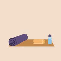 Yoga mat and towel set on a wooden floor with a water bottle in a minimal and flat art vector