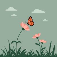 Colorful butterfly perched on pink flowers in a serene garden setting featuring a minimal design style illustration vector