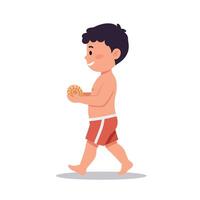 A young boy joyfully walking on a sunny beach holding a seashell, depicted in a flat, colorful style, illustration vector