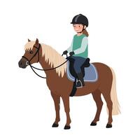 A young girl wearing a helmet and riding a brown pony in a flat, colorful illustration, showcasing joy and connection with animals, art vector