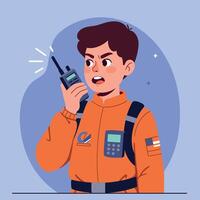 Young astronaut communicating with a radio device in a vibrant flat design illustration vector