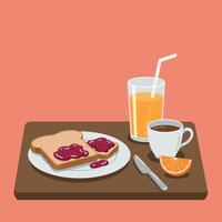 Breakfast scene featuring toast with jam, orange juice, and coffee in minimal art style vector