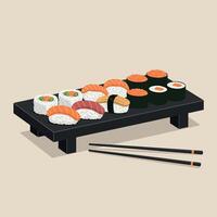 Assorted Sushi Rolls Arranged on a Black Wooden Tray in Minimalist Flat Illustration vector