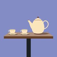 Elegant Teapot and Two Cups on Wooden Table in Minimalist Flat Design Illustration vector