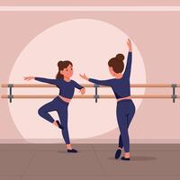 Two young ballet dancers practicing at a barre in a bright studio, showcasing elegance and focus in flat art vector