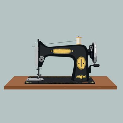 Vintage sewing machine in flat design style displayed on a wooden table, showcasing intricate details and craftsmanship, illustration