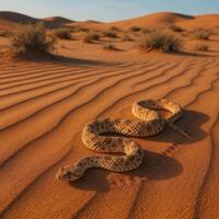 Desert Snake Resting on Golden Sands at Sunset in Secluded Wilderness Area photo