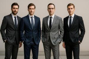 Professional Men in Tailored Suits Pose Confidently Against a Neutral Background for a Business Portrait photo