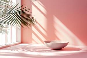 Natural Light Casts Shadows on a Minimalist Bowl Against a Pink Wall in a Bright Room photo
