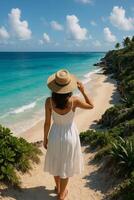 Woman Enjoying a Tropical Beach View in a White Dress and Straw Hat at a Beautiful Coastal Location photo