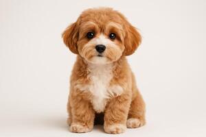 Cute Fluffy Dog Sitting Calmly on a Plain Background in a Studio Setting photo