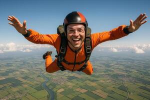 Skydiving Adventure Over Scenic Landscape With Smiling Skydiver in Orange Jumpsuit photo