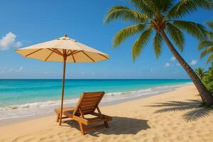 Relaxing Beach Scene With a Wooden Lounge Chair and Palm Trees Under a Clear Sky photo