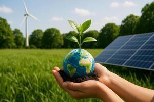 Hands Holding a Small Globe With a Plant Against a Backdrop of Wind Turbines and Solar Panels photo