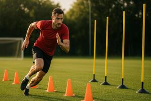Athlete Performing Agility Drills on a Training Field During Golden Hour photo