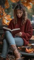 Enjoying a Cozy Reading Time in Autumn at a Park With Vibrant Foliage photo