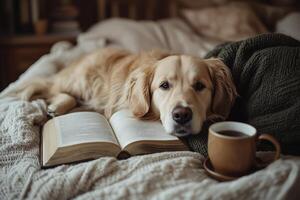 Cozy Morning With a Golden Retriever, a Book, and a Warm Cup of Coffee photo