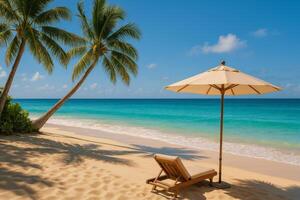Relaxing Beach View With Palm Trees and Umbrella on a Sunny Day by the Turquoise Ocean photo