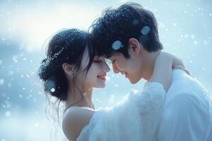 Couple Embraces Under Falling Snow in Serene Winter Setting With Soft Light at Sunset photo