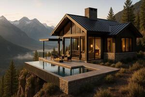 Modern Mountain Retreat With Stunning Views and Infinity Pool During Sunset photo