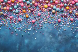 Colorful Sprinkles and Candy Balls Scattered on a Blue Surface During a Festive Gathering photo