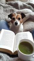 Cozy Afternoon With a Book, Dog, and a Warm Cup of Tea in a Comfortable Living Space photo