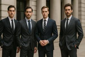 Professional Men Posing in Suits Outside a Historic Building During Daylight photo