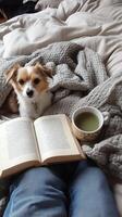 Cozy Afternoon With a Dog, Book, and a Cup of Tea on a Soft Blanket photo