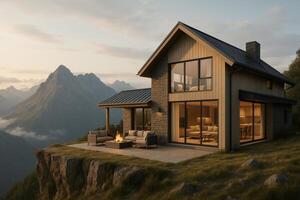 Modern Mountain Home Featuring Stunning Views and Outdoor Fire Pit at Sunset photo