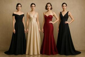 Elegant Evening Dresses Displayed on Four Models in a Chic Indoor Setting During a Fashion Showcase photo