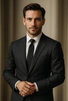 Elegant Man in Formal Suit Posing Confidently in a Well-Lit Indoor Setting photo