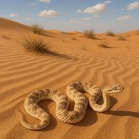 Desert Snake Resting on Warm Golden Sands Under a Blue Sky With Fluffy Clouds photo