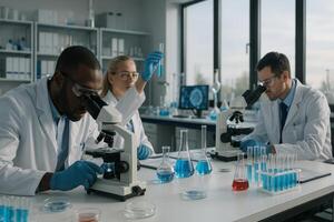Scientists Conducting Research in Laboratory Using Microscopes and Glassware During Daylight Hours photo