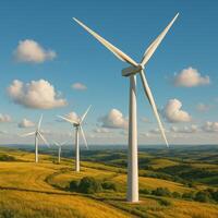 Wind Turbines on Rolling Hills Under a Blue Sky With Fluffy Clouds photo