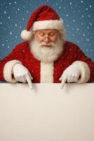 Santa Claus With Empty Sign Surrounded by Falling Snowflakes During Christmas Season photo